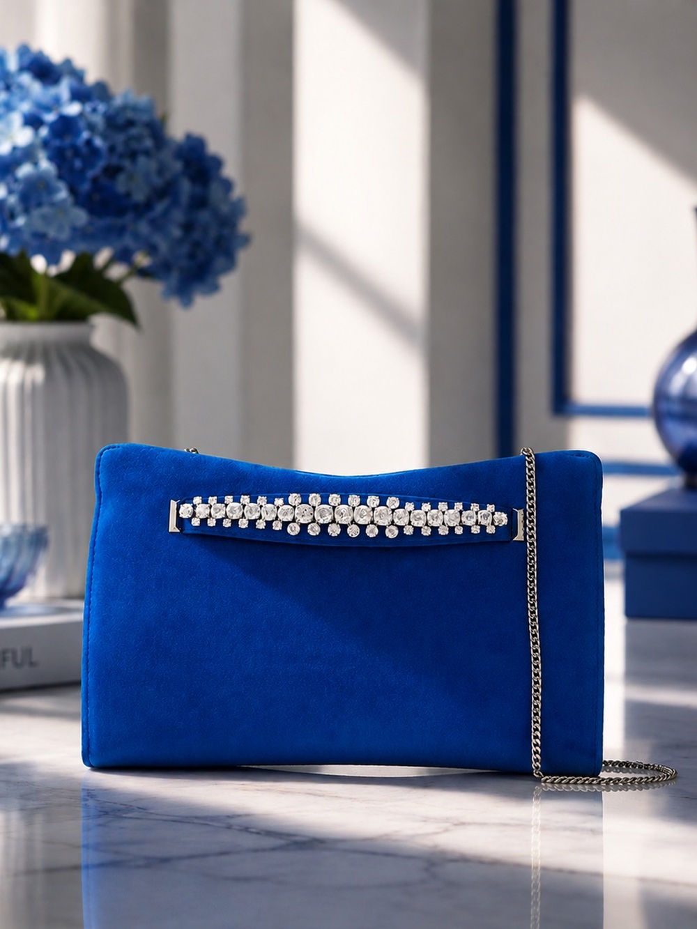 Jimmy Choo Venus Electric Blue Suede Clutch | Crystal Embellished | New